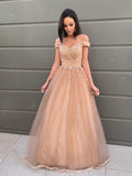 A-Line/Princess Applique Tulle Sleeveless Floor-Length Off-the-Shoulder Dresses TPP0009077