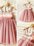 A-line/Princess Spaghetti Straps Sleeveless Beading Tea-Length Tulle Flower Girl Dresses TPP0007723