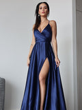 A-Line/Princess Satin Ruched V-neck Sleeveless Sweep/Brush Train Dresses