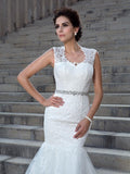 Trumpet/Mermaid V-neck Applique Sleeveless Long Lace Wedding Dresses TPP0006368