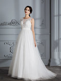 A-Line/Princess Sleeveless V-neck Sweep/Brush Train Tulle Wedding Dresses TPP0006437