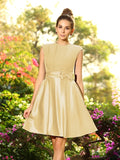 A-Line/Princess High Neck Bowknot Sleeveless Short Satin Bridesmaid Dresses TPP0005229