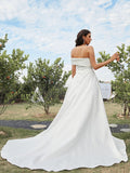 A-Line/Princess Satin Ruched Strapless Sleeveless Sweep/Brush Train Wedding Dresses TPP0007016