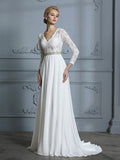 A-Line/Princess 3/4 Sleeves V-neck Lace Sweep/Brush Train Chiffon Wedding Dresses TPP0006390