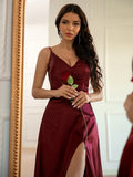 A-Line/Princess Silk like Satin Ruched V-neck Sleeveless Sweep/Brush Train Dresses TPP0001545