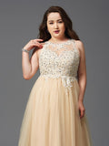 A-Line/Princess Scoop Rhinestone Sleeveless Long Net Plus Size Dresses TPP0002995