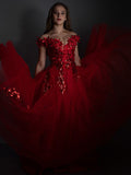 A-Line/Princess Off-the-Shoulder Tulle Applique Sleeveless Floor-Length Dresses TPP0001493