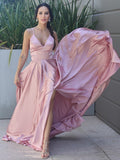 A-Line/Princess Silk like Satin Ruffles V-neck Sleeveless Sweep/Brush Train Dresses TPP0001612