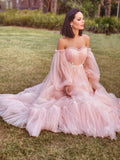 A-Line/Princess Long Sleeves Floor-Length Tulle Applique Off-the-Shoulder Dresses TPP0001440