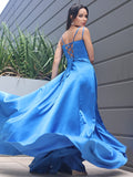 A-Line/Princess Satin Ruffles Spaghetti Straps Sleeveless Sweep/Brush Train Dresses TPP0001696