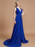 A-Line/Princess Sleeveless V-neck Chiffon Sweep/Brush Train Bridesmaid Dresses TPP0005308