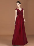 A-Line/Princess Lace Short Sleeves Chiffon Ruched V-neck Floor-Length Bridesmaid Dresses TPP0005649