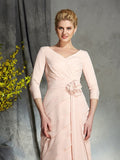 Sheath/Column V-neck Hand-Made Flower 3/4 Sleeves Long Chiffon Mother of the Bride Dresses TPP0007053