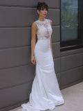 Trumpet/Mermaid Sleeveless Applique Scoop Satin Court Train Wedding Dresses TPP0006530