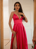 A-Line/Princess Silk like Satin Ruched V-neck Sleeveless Sweep/Brush Train Dresses TPP0001389