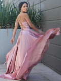 A-Line/Princess Silk like Satin Ruffles V-neck Sleeveless Sweep/Brush Train Dresses TPP0001612