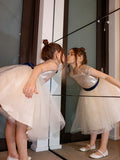 A-Line/Princess Tulle Sash/Ribbon/Belt Scoop Short Sleeves Knee-Length Flower Girl Dresses TPP0007482