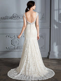 Trumpet/Mermaid Sleeveless V-Neck Lace Sweep/Brush Train Wedding Dresses TPP0006374