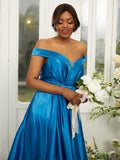 A-Line/Princess Silk like Satin Ruffles Off-the-Shoulder Sleeveless Sweep/Brush Train Bridesmaid Dresses TPP0004978