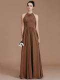 A-Line/Princess Halter Sleeveless Ruched Floor-Length Chiffon Bridesmaid Dresses TPP0005263