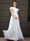 A-Line/Princess Chiffon Ruffles Scoop Short Sleeves Floor-Length Junior/Girls Bridesmaid Dresses TPP0005874