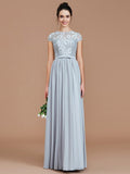 A-Line/Princess Jewel Short Sleeves Lace Floor-Length Chiffon Bridesmaid Dresses TPP0005264