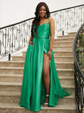 A-Line/Princess Silk like Satin Ruffles Spaghetti Straps Sleeveless Sweep/Brush Train Dresses TPP0001665