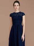 A-Line/Princess Jewel Short Sleeves Lace Floor-Length Chiffon Bridesmaid Dresses TPP0005179