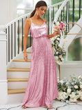 A-Line/Princess Sequins Ruched Straps Sleeveless Floor-Length Bridesmaid Dresses TPP0004943