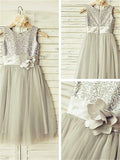 A-line/Princess Sleeveless Scoop Sequin Knee-Length Tulle Flower Girl Dresses TPP0007800