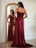 A-Line/Princess Silk like Satin Ruched V-neck Sleeveless Sweep/Brush Train Dresses TPP0001545