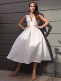 A-Line/Princess Satin Ruched V-neck Sleeveless Tea-Length Wedding Dresses TPP0007021