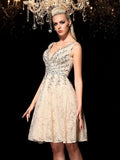 A-Line/Princess V-neck Beading Sleeveless Short Lace Cocktail Dresses TPP0008254