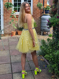 A-Line/Princess Sleeveless Halter Tulle Applique Short/Mini Homecoming Dresses TPP0004828