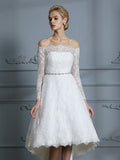 A-Line/Princess Long Sleeves Off-the-Shoulder Asymmetrical Lace Wedding Dresses TPP0006338