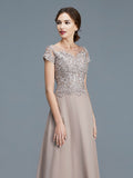 A-Line/Princess Scoop Short Sleeves Applique Floor-Length Chiffon Mother of the Bride Dresses TPP0007275