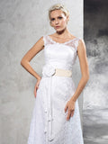 Sheath/Column Sheer Neck Hand-Made Flower Sleeveless Long Satin Wedding Dresses TPP0006901