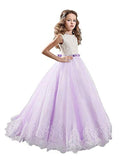 Ball Gown Jewel Sleeveless Lace Sweep/Brush Train Tulle Flower Girl Dresses TPP0007536