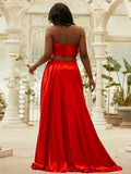 A-Line/Princess Silk like Satin Ruffles Spaghetti Straps Sleeveless Sweep/Brush Train Two Piece Dresses TPP0004876