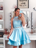 A-Line/Princess Satin Lace Sleeveless Halter Short/Mini Two Piece Homecoming Dresses TPP0004654