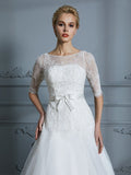 A-Line/Princess 1/2 Sleeves Scoop Lace Court Train Tulle Wedding Dresses TPP0006509