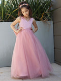 A-Line/Princess Tulle Bowknot V-neck Sleeveless Floor-Length Flower Girl Dresses TPP0007496