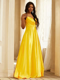 A-Line/Princess Silk like Satin Ruched V-neck Sleeveless Sweep/Brush Train Dresses TPP0001614