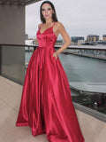 A-Line/Princess Sleeveless Ruffles V-neck Satin Floor-Length Dresses TPP0001504