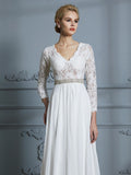 A-Line/Princess 3/4 Sleeves V-neck Lace Sweep/Brush Train Chiffon Wedding Dresses TPP0006390