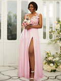 A-Line/Princess Chiffon Applique Scoop Sleeveless Floor-Length Bridesmaid Dresses TPP0004918