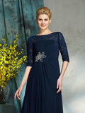 A-Line/Princess Bateau Beading 1/2 Sleeves Long Chiffon Mother of the Bride Dresses TPP0007338