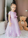 A-Line/Princess Tulle Lace Scoop Short Sleeves Ankle-Length Flower Girl Dresses TPP0007467