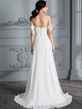 A-Line/Princess Off-the-Shoulder Sleeveless Chiffon Sweep/Brush Train Wedding Dresses TPP0006370