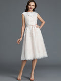 A-Line/Princess Sleeveless Bateau Knee-Length Tulle Wedding Dresses TPP0006017